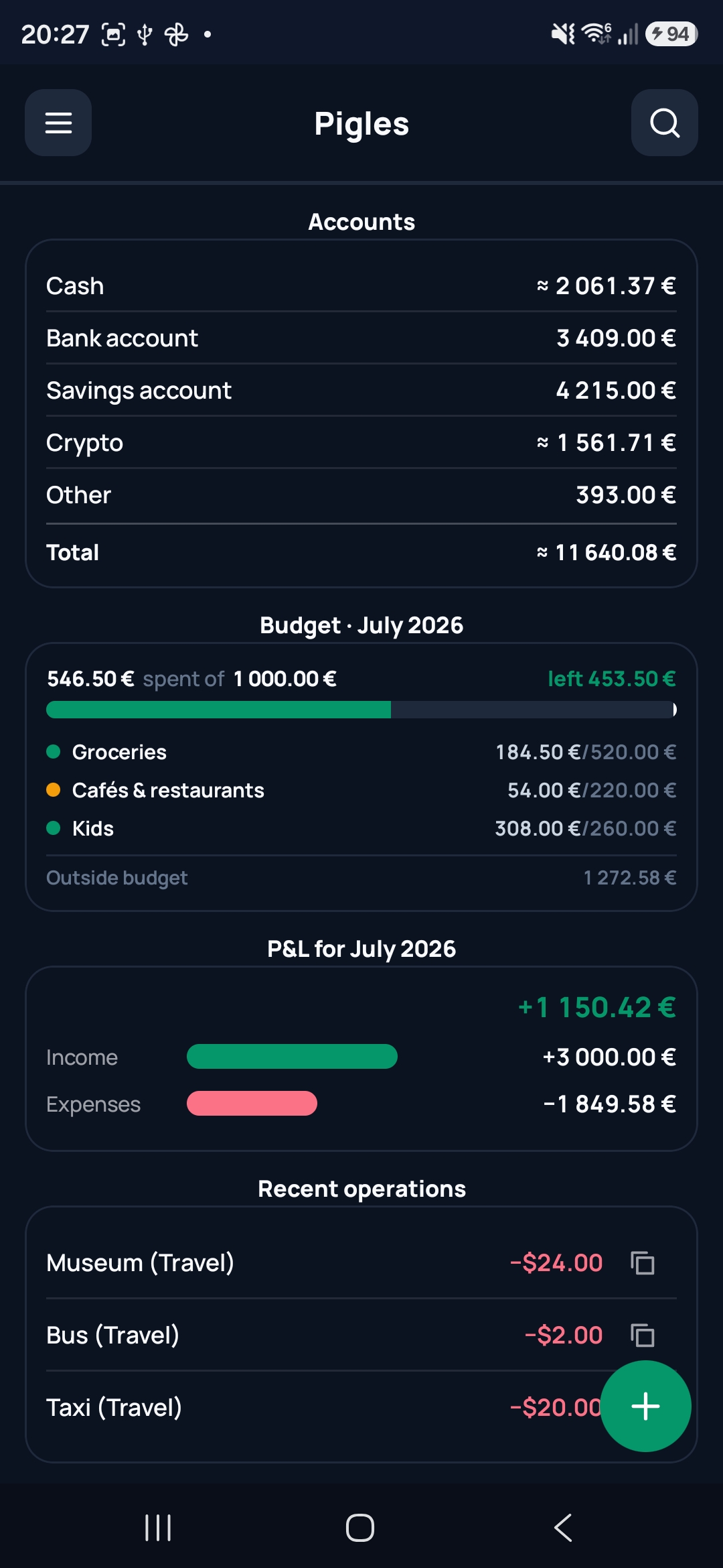 Pigles home screen