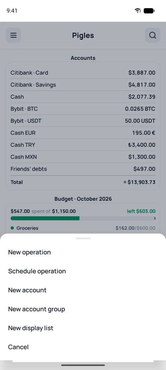 Plus button menu