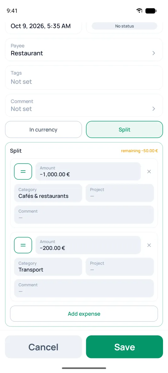 Splitting a transaction into parts