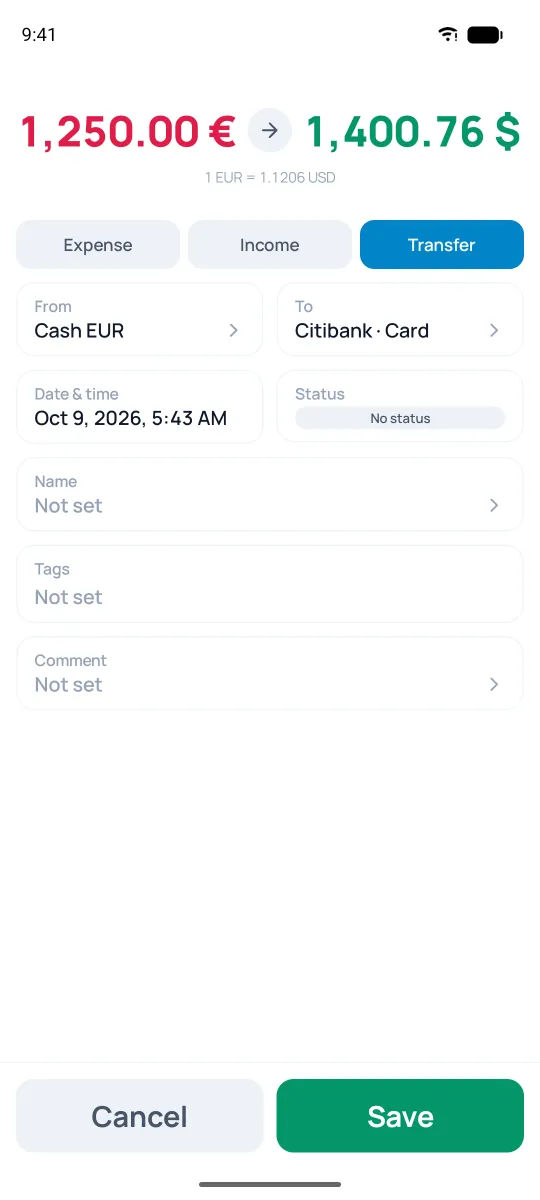 Transfer from euros to dollars showing both amounts
