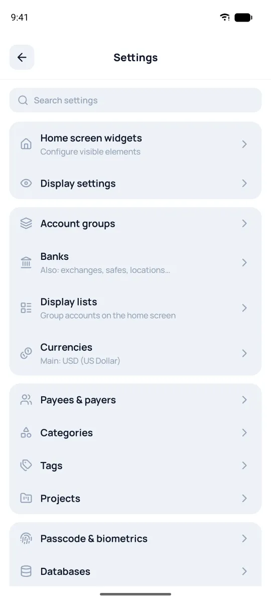 Settings screen