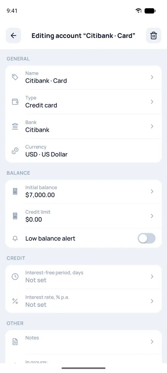 Limit and credit terms of a credit card