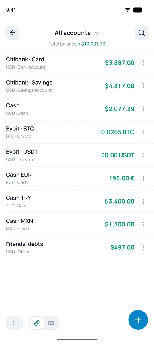 Accounts screen
