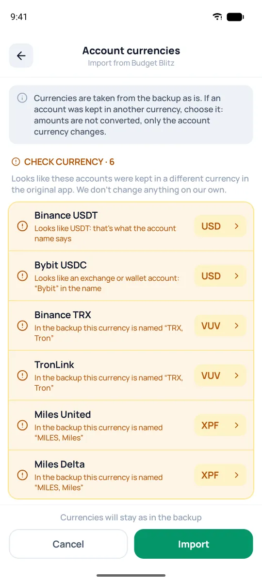 Checking currencies before import