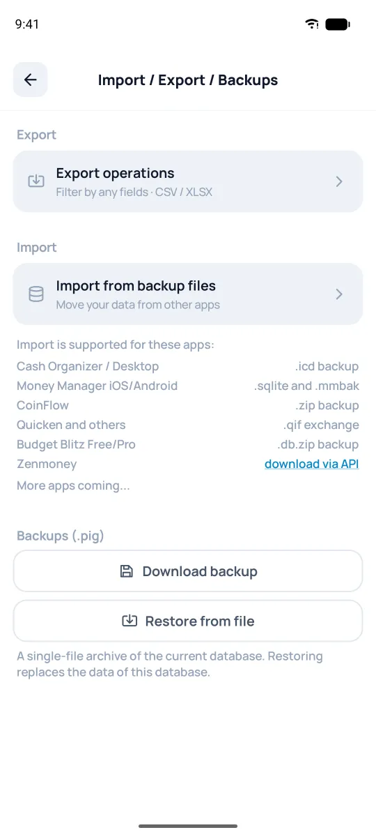 Import and export screen