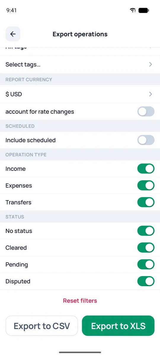Export to CSV and XLS buttons