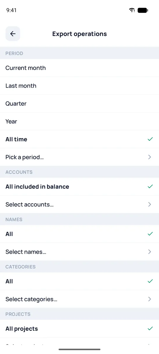 Export operations filter