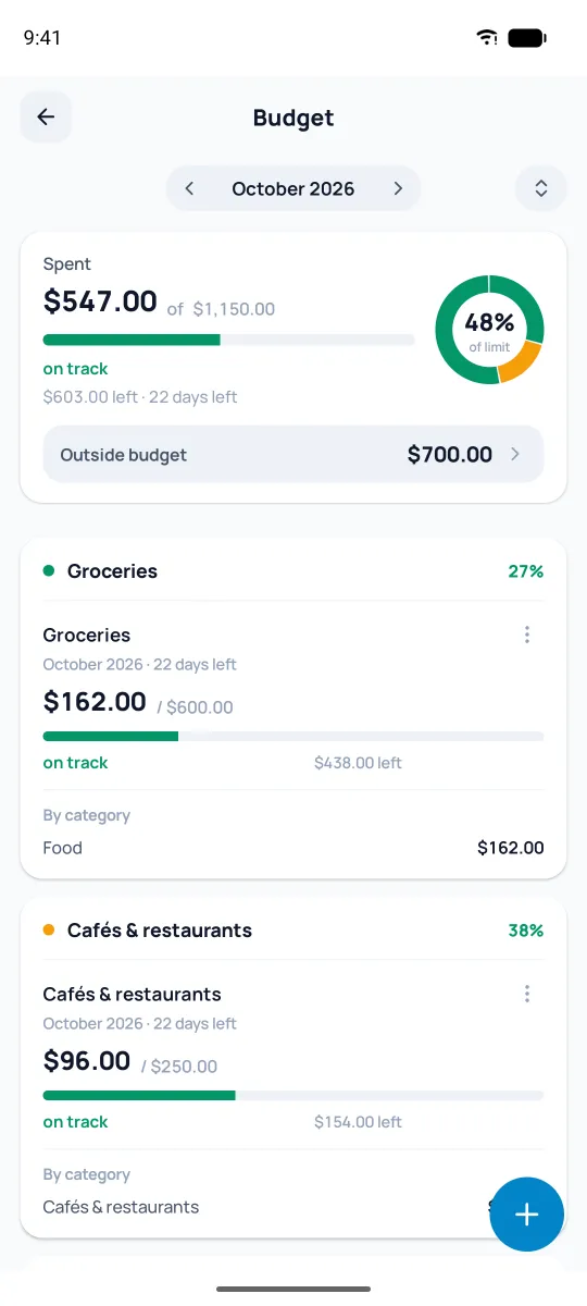 Budget screen with statuses
