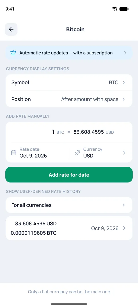 Currency settings and manual rate