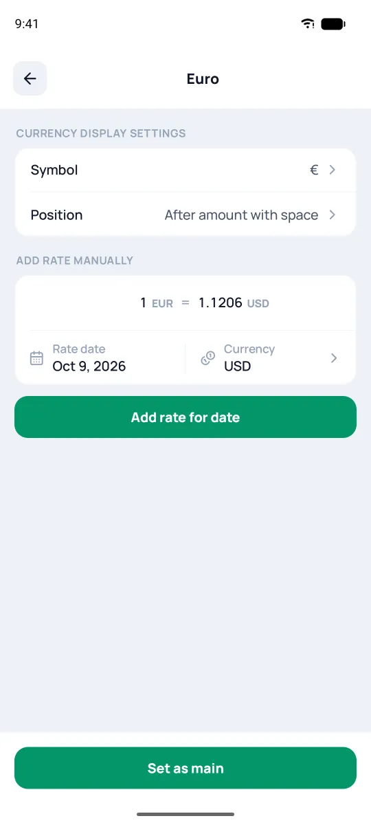 Currency screen with the “Set as main” button