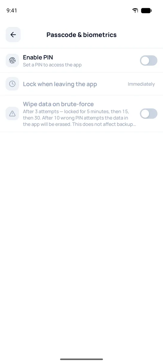 Passcode and biometrics screen
