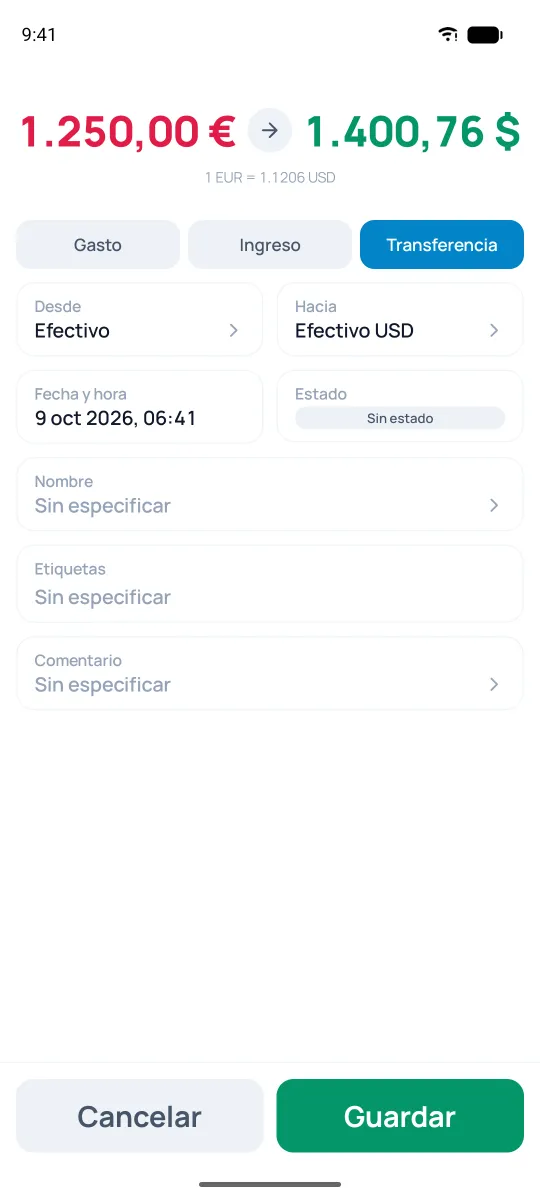 Transferencia de dólares a euros con las dos cifras