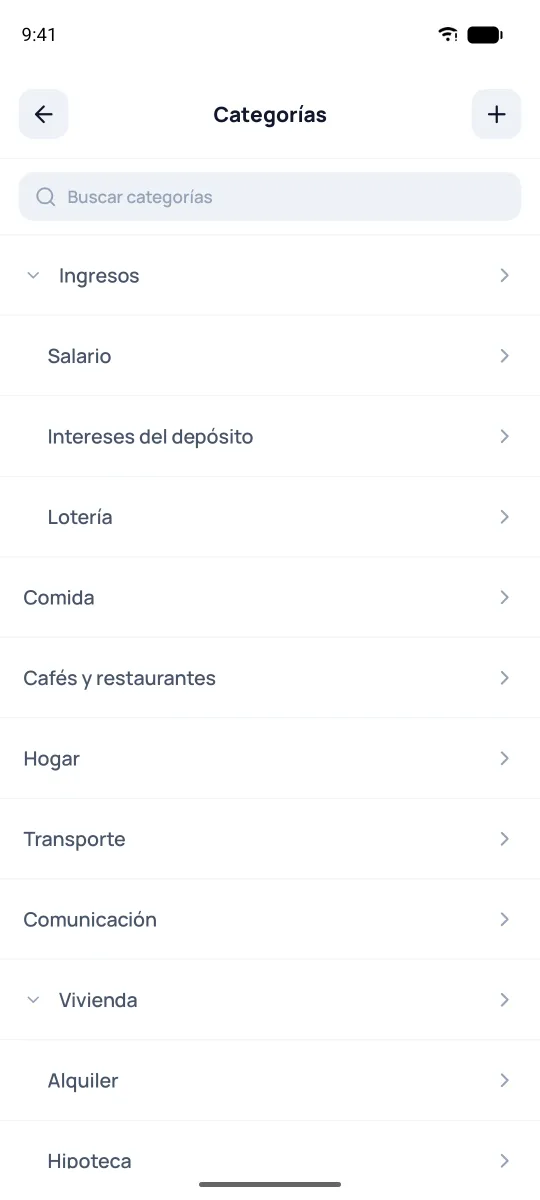 Lista de categorías con anidación