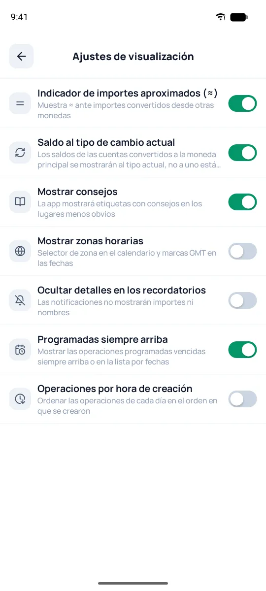 Pantalla de ajustes de visualización