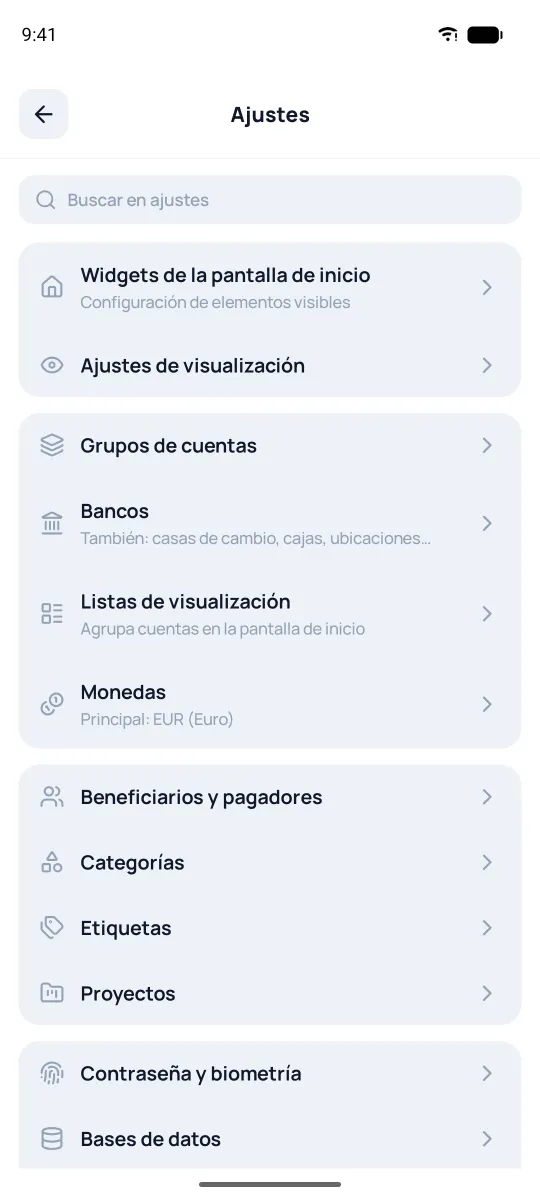 Pantalla de ajustes