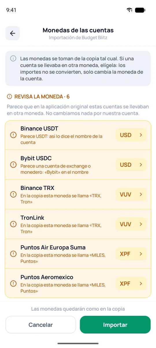 Comprobación de monedas antes de importar