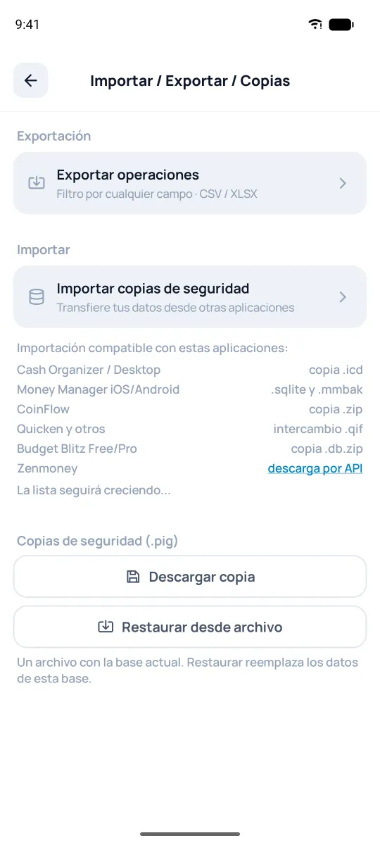 Pantalla de importar y exportar