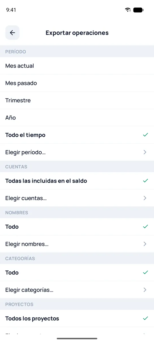 Filtro de exportar operaciones