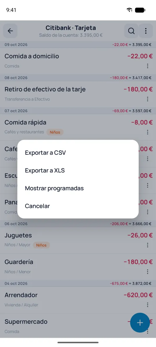 Menú ⋮ en la lista de la cuenta