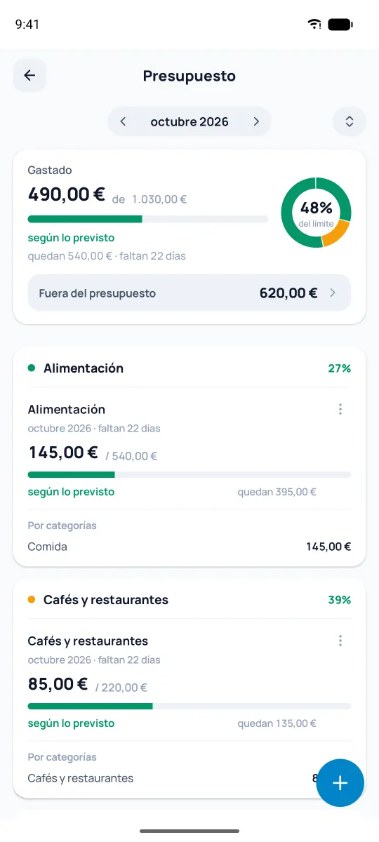 Pantalla de presupuestos con estados