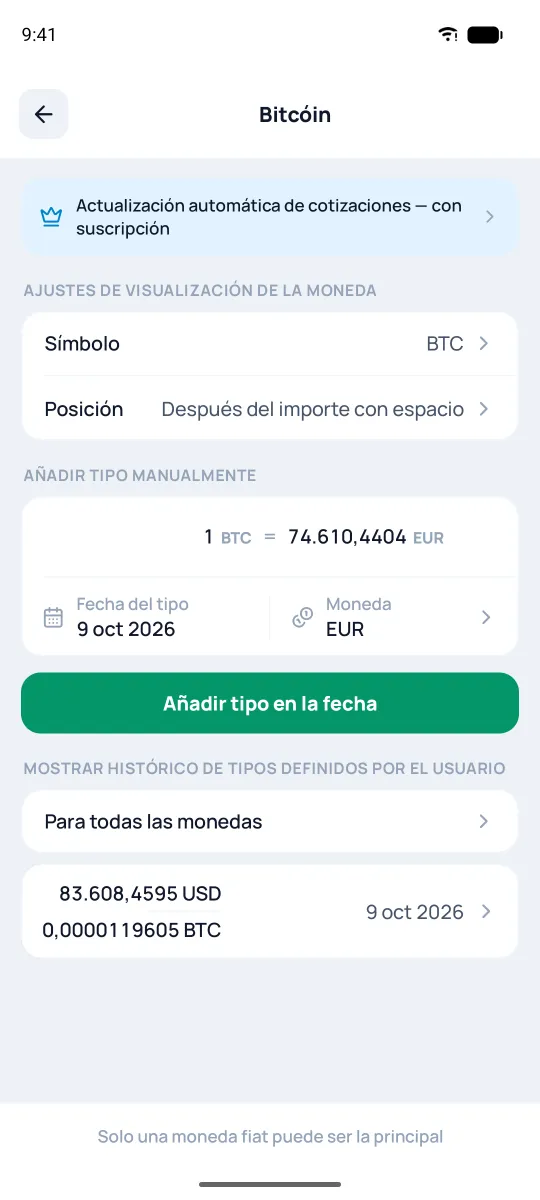 Ajustes de moneda y tipo manual