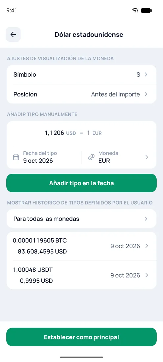 Pantalla de moneda con el botón «Establecer como principal»