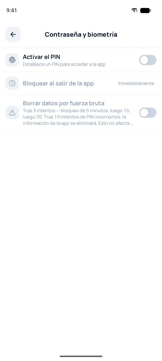 Pantalla de contraseña y biometría