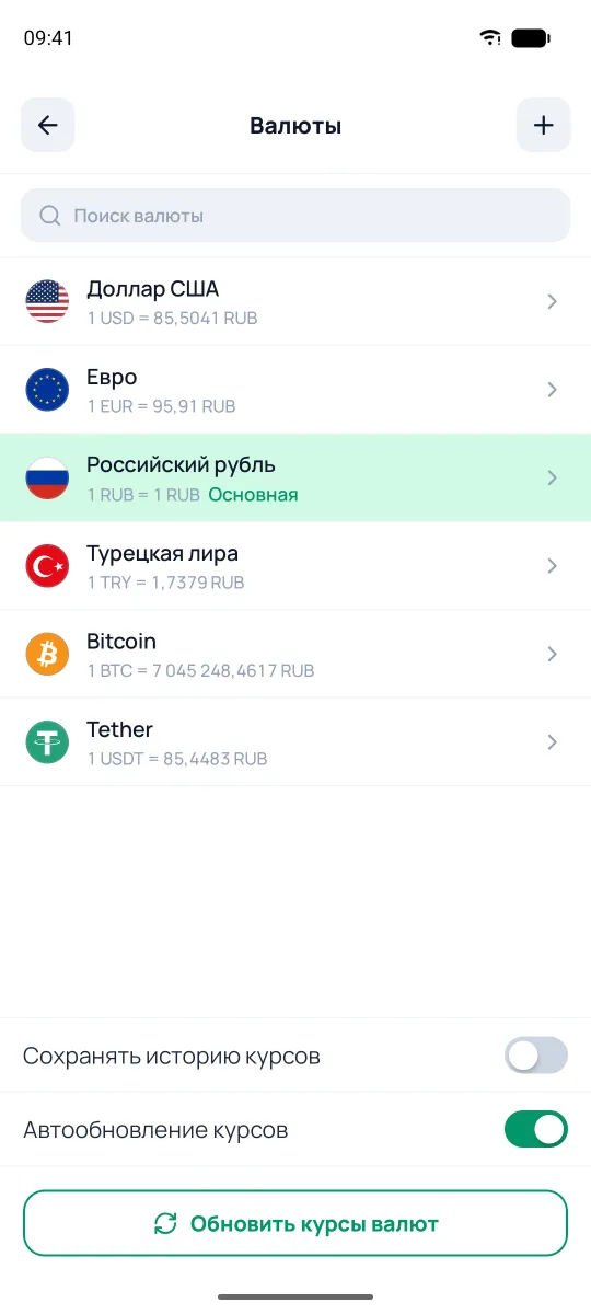 Список валют с курсами